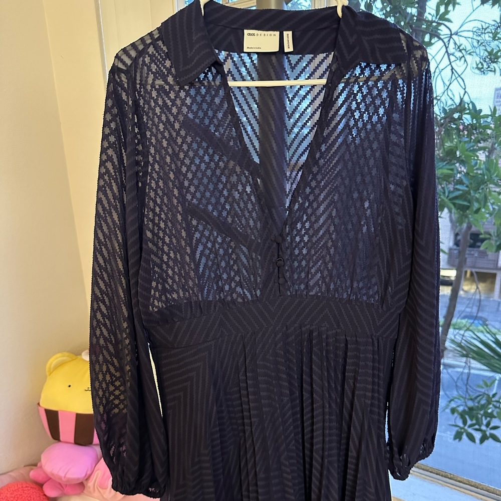 ASOS deep V-neck long sleeve dress in navy blue